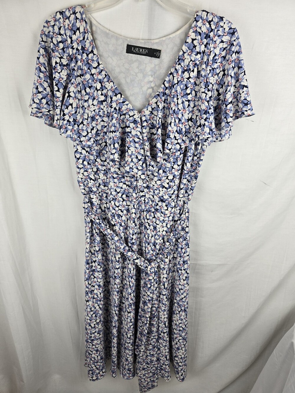 Lauren Ralph Lauren Blacl Label Floral Blue & Pink V-Neck Midi Dress W/belt Sz 8